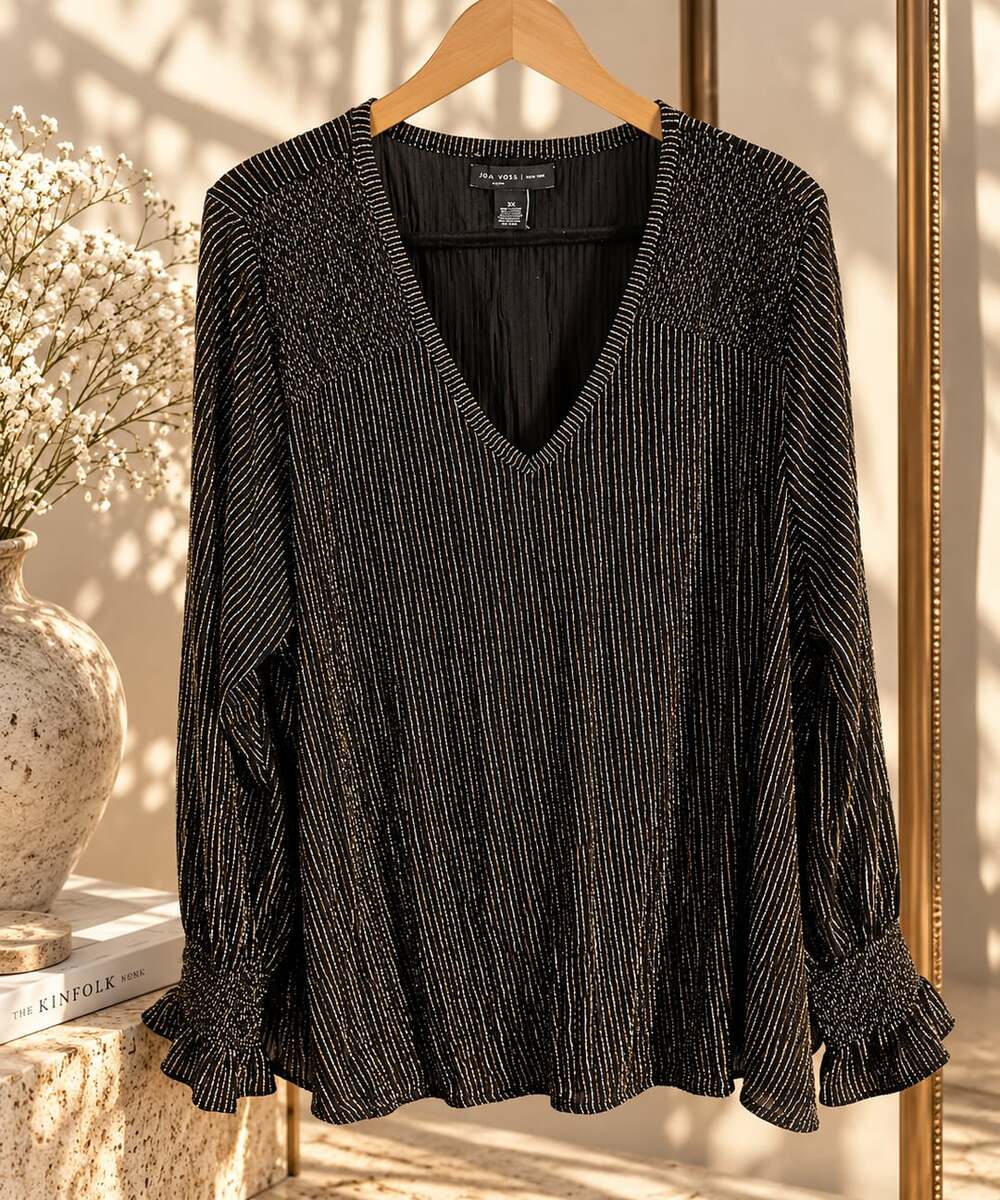 Joan Voss Black Metallic Gold Striped Smocked Blouse Size 2X